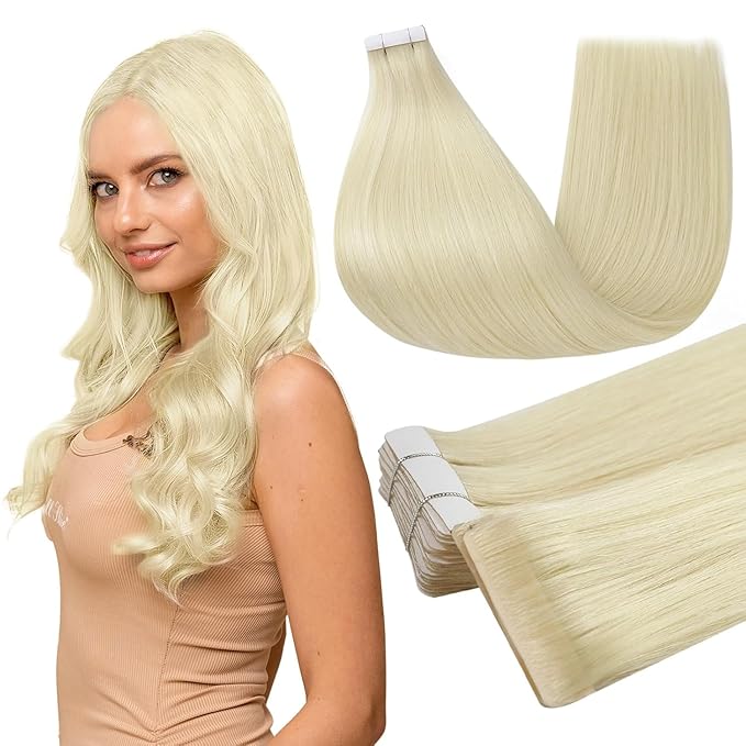 Full Shine Machine Remy Tape in Extensions Real Human Hair 20 Inch Color 60 Blonde Straight Invisible Double Sided Injected Tape in Hair Extensions 20 Pcs Nutural Soft Skin Weft 50G for Party