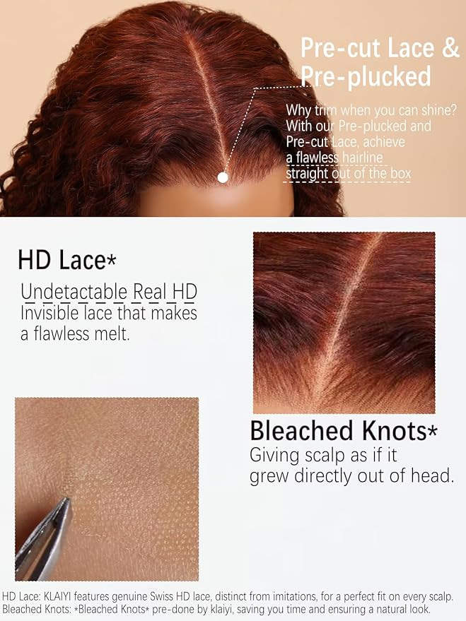 KLAIYI Bye Bye Knots Glueless Wig Reddish Brown Body Wave 7x5 Pre Cut HD Lace Front Wigs Human Hair Put On And Go Wig Pre Bleached Pre Plucked with Baby Hair 30S Ready To Wear 150% Density Full 24Inch