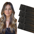 COOKAYU Invisi Edge Tape in Hair Extensions Real Human Hair Seamless Injected Tape Ins 20Inch 20pcs 45g Natural Black to Medium Brown and Caramel blonde Extensions