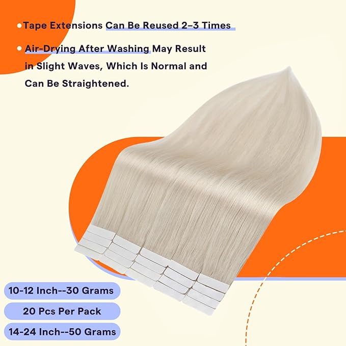Full Shine Tape in Hair Extensions Human Hair Color 1000A Blonde 18 Inch Natural Invisible Double Sided Remy Hair Extensions Tape in 50 Grams Straight Seamless Skin Weft Extensions 20PCS for Women