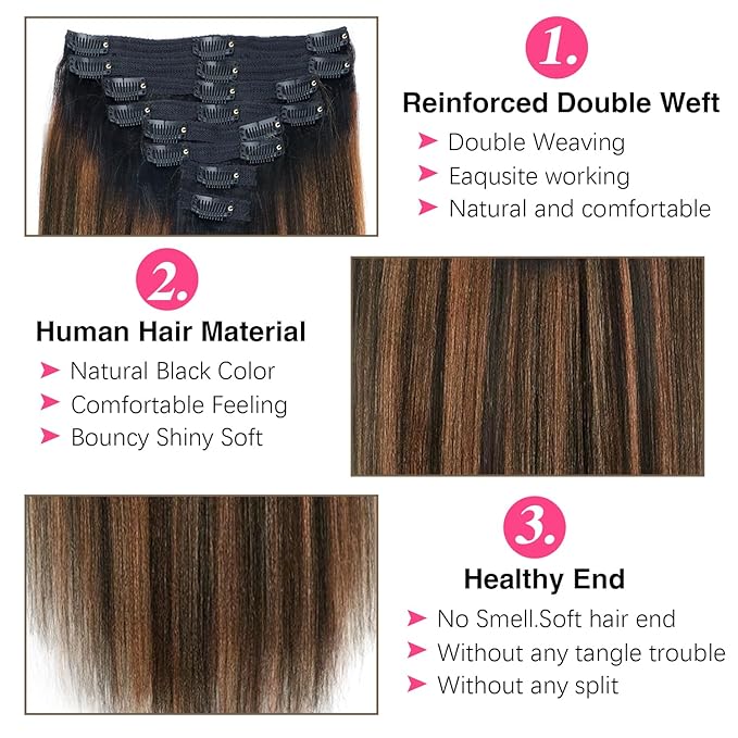 T1BP1B/30 Omber Yaki Straight Clip in Hair Extensions Real Human Hair For Women Highlight Hair Extensions Kinky Straight Clip ins(24inch)
