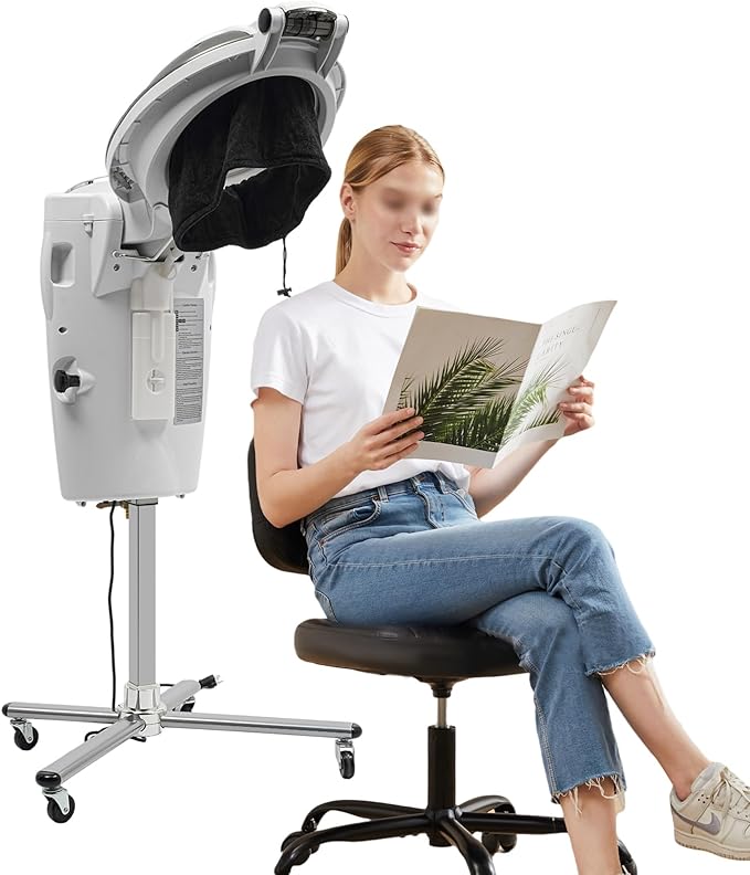 Hair Steamer Professional Hair Salon Steamer with 12 Color Light & Ozone，Adjustable Height Hair Steamer with Wheels (White)