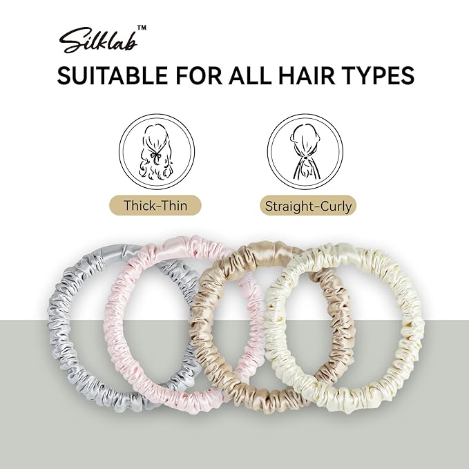 22 Momme 100% Mulberry Silk Hair Ties, Well-Hold Elastic for No-Damage (4Pack,Champagne,LightGray,CreamWhite,LightPink), 6A, Scrunchies, Reduces Frizz & Breakage, OEKO-TEX Certified