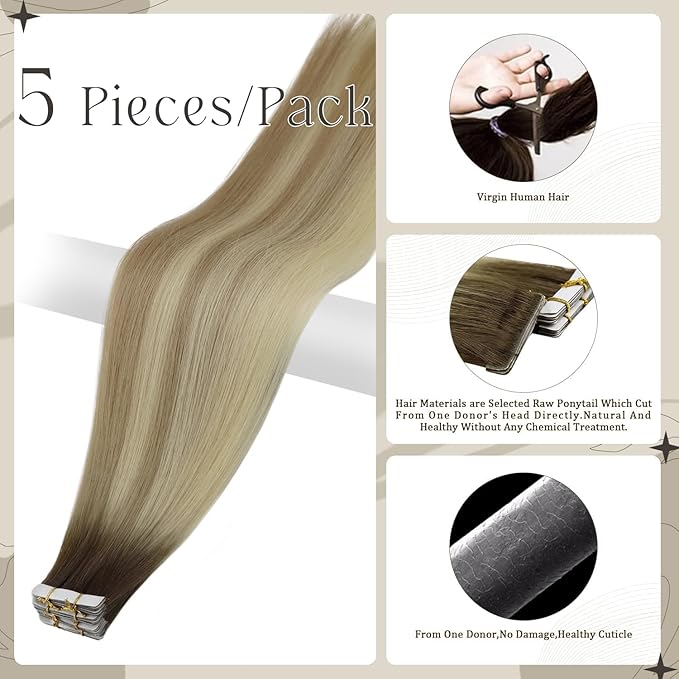 Full Shine Virgin Tape in Hair Extensions Human Hair 5Pcs Color 2/18/22 Balayage Injection Tape in Extensions 18 Inch Machine Remy Human Hair Extensions Seamless Skin Weft Tape in Hair 12.5Gram