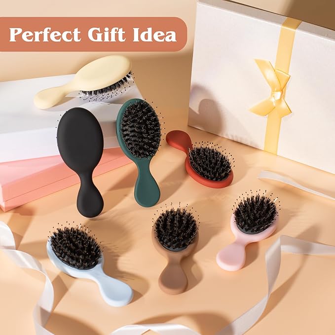 Mini Boar Bristle Hair Brush - Boar & Nylon Bristle Small Brush for Women Kids Long Short Hair to Smooth Add Shine - Travel Size Hair Brush for Purse,Pocket, Black