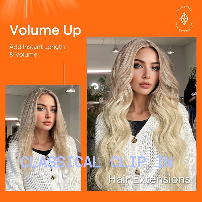 Full Shine Balayage Blonde Clip in Hair Extensions Remy Clip in Extensions Color 18 Ash Blonde to 22 and 60 Platinum Human Hair Extensions Double Weft 18 Inch 120 G 7 Pcs