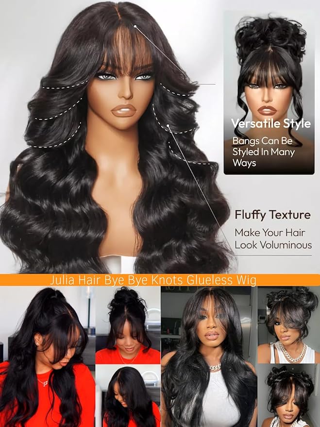 Julia Hair Bye Bye Knots Curtain Bangs Wig Glueless Fluffy Natural Loose Wave Pre Cut 7x5 HD Lace Front Wigs Invisible Pre Plucked Pre Everything Body Wave Put on and Go Wig for Women 22 Inch