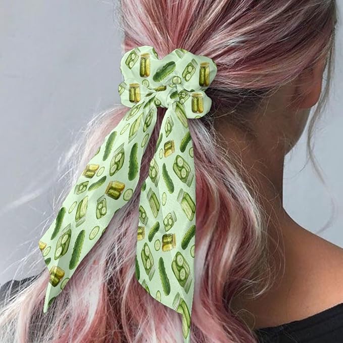 2 Pcs Light Green Yoga Hair Scrunchies with Ribbon Pickle Ribbon Scrunchies for Ponytail Womens Elastic Satin Hair Ties Knotte Bow