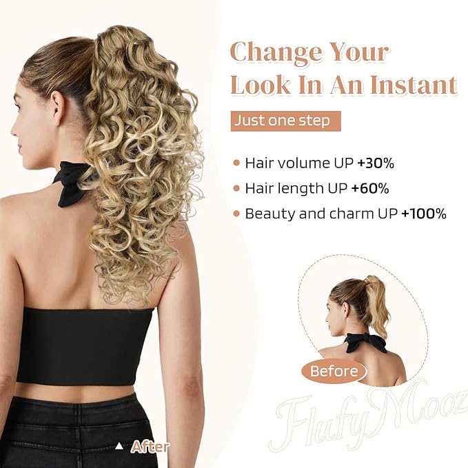 Flufymooz 100％ Pure Protein Ponytail Extension, 18 Inch Curly Claw Clip Ponytail Hair Extensions Natural Soft pony tail hairpiece for women-Light Blonde with White Blonde