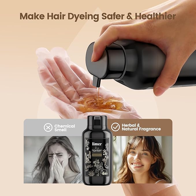 Limer Hair Dye Shampoo, Dark Brown 6-in-1 Natural Herbal Hair Color Shampoo, Semi-Permanent Gray Coverage with Pleasant Scent, Ammonia-Free Formula for Women & Men (460ml/15.55fl oz)