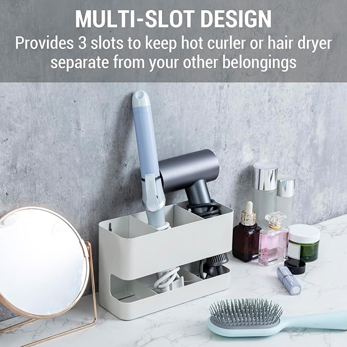 MyGift Modern Wall Mounted White Metal Hair Styling Tools and Accessories Heat Resistant Holder with 3 Slots, Salon Hot Tool Organizer Rack for Blow Dryer Straightener Curling Iron