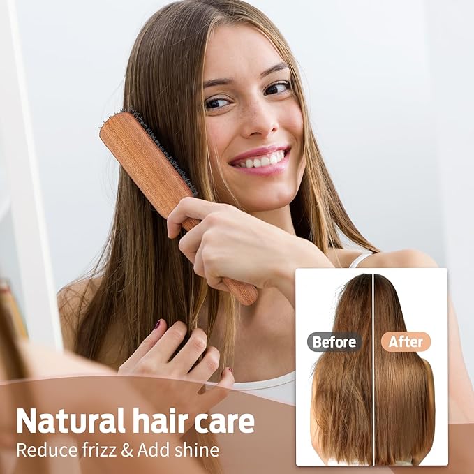 BRUSHZOO Hair Brush, Boar Bristle Hair Brush for Women Men Short Thin Fine Hair, Beech Handle Hairbrush for Styling Smoothing