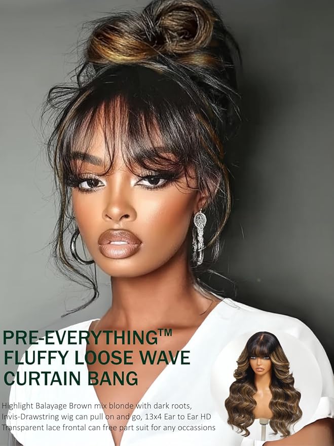 KLAIYI Ombre Brown Loose Body Wave Pre Everything Glueless 13x4 HD Lace Front Human Hair Wig with Natural Bang Highlight Balayage Brown Precut Lace Pre Plucked Bye Bye Knots Drawstring Wig 180% 16Inch