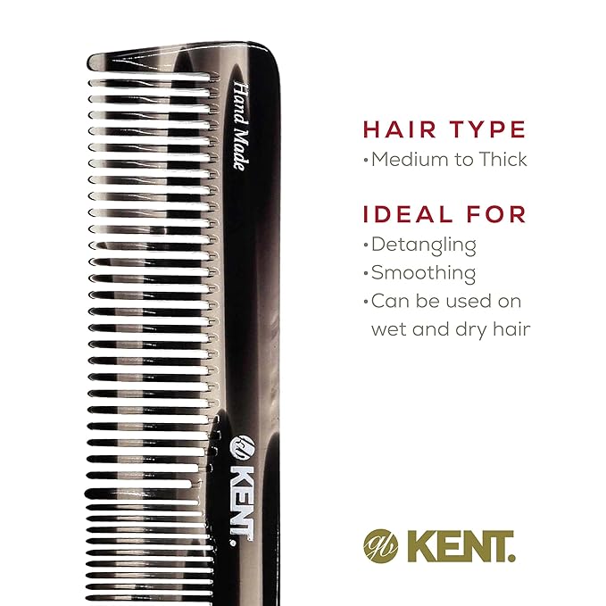 Kent 16T G Black Graphite Fine and Wide Tooth for Daily Grooming,Handmade Styling Comb for All Hair Types,Wet or Dry Hair Detangling Comb for Men and Women,Saw Cut Hand Polished,Made in England