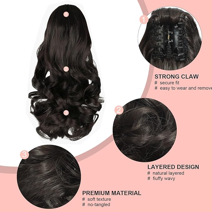 Ponytail Extension, Clip on Ponytails for Women, 12" Claw Clip in Short Curly Wavy Pony Hair Extension for Women - Darkest Brown