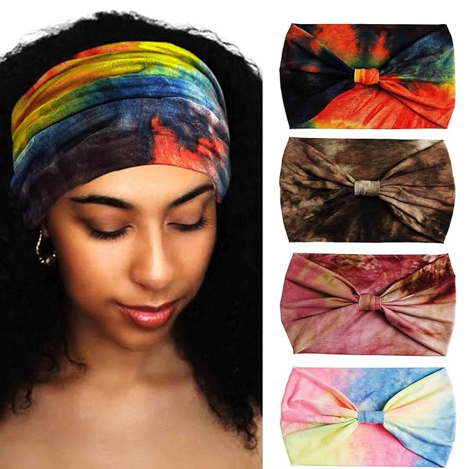 Wide Headbands Stretch Turban Knotted Hairbands Elastic Yoga Workout Sweatband Running Sport Head Scarf Large African Head Wraps for Women 4 Pcs (Set E)