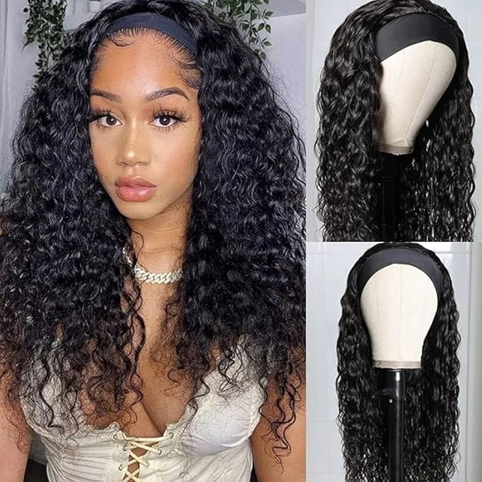 KLAIYI Headband Human Hair Wig Water Wave Curly Non Lace Front Wigs for Black Women Deep Wave Glueless Wear and Go Half Wig with Band 30S Ready to Wear Beginner Friendly 180% Natural Hairline 18Inch