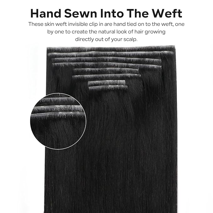 Injected Clip in Hair Extensions Real Human Hair Invisible Hand-Tied Weft Hair Extensions Clip in Human Hair Straight Seamless Clip ins for Women 8Pcs 120g 24inch #1B Natural Black