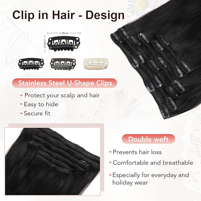 XDhair Black Clip in Hair Extensions Human Hair 100g 14Inch Black Clip in Hair Extensions 6Pcs Straight Real Hair for Women (#1,14Inch)