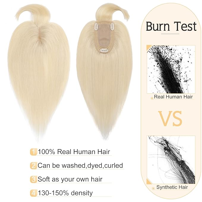 SEGO Hair Toppers for Women Real Human Hair With Bangs, 7 * 13CM Silk Base 100% Remy Human Hair Clip in Top Wiglet Hairpieces Add Volume -14 Inch Platinum Blonde