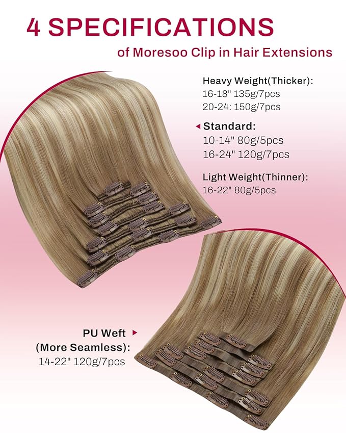Moresoo Human Hair Clip in Extensions Light Brown Blonde Balayage Hair Extension Clip ins Ombre Light Brown to Medium Blonde for Women Short 80g/5pcs 14 inch