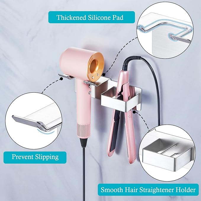 Hair Dryer Holder, Hair Straightener Holder Wall Mount, Hair Tool Organizer, Hairdryer and Straightener Holders, Adhesive Hair Tool Storage for Blow Dryer, Curling Iron, Flat Iron Stand (Silver)