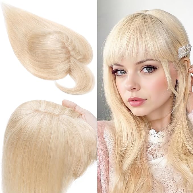 SEGO 100% Real Human Hair Toppers, with Air Bangs, Silk Base 150% Density, Clip in Topper, 2.7肺5.1・ HairPieces for Women, with Thinning/Hair Loss Cover Gray