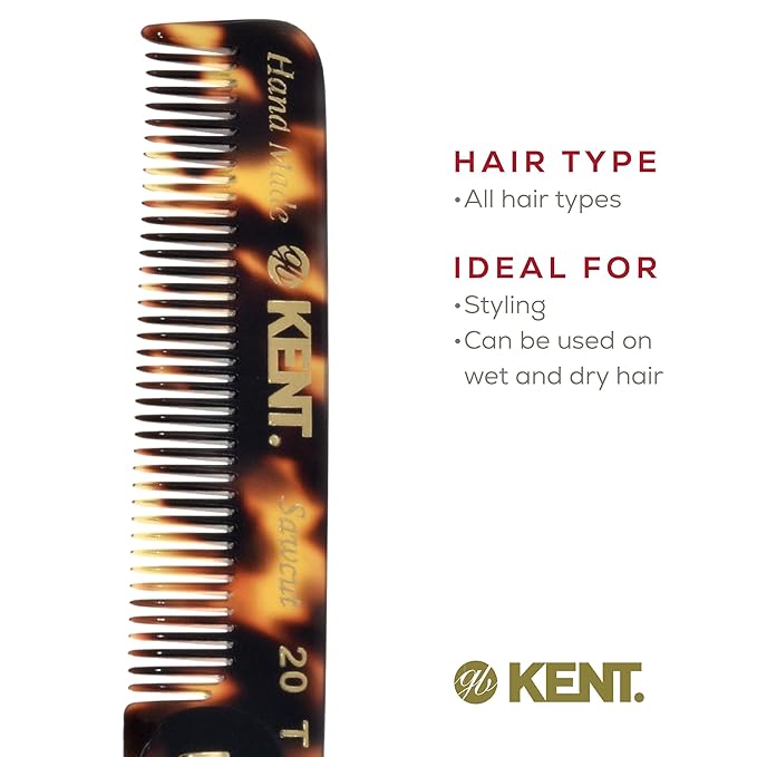 Kent 20T TY Handmade Folding Pocket Comb for Men, Fine Tooth Hair Comb Straightener for Everyday Grooming Styling Hair, Beard or Mustache, Use Dry or with Balms, Saw Cut Hand Polished, Made in England