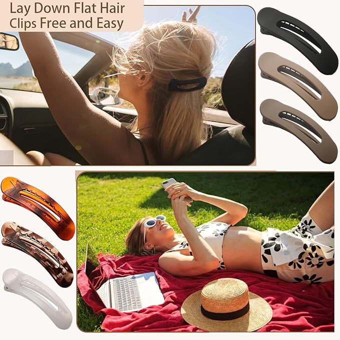 6 PCS Flat Claw Clips, Large Lay Flat Hair Clips for Women Girls, Strong Hold Non-slip Hair Claws for Thick Thin Hair (Tortoise and Matte)