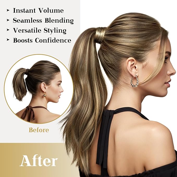 Ve Sunny Hair Extensions Ponytail Real Human Hair Wrap Around Clip in Ponytail Hair Extensions Straight Extensions Human Hair for Women Medium Brown Highlighted Caramel Blonde 18inch 80G 80G
