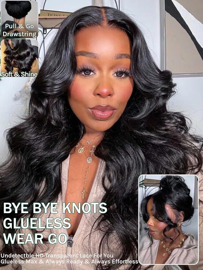 KLAIYI Loose Body Wave Pre Everything Glueless 13x4Lace Front Wig Human Hair Drawstring Precut Lace Pre Plucked Bleached Bye Bye Knots 3S Ready to Wear and Go Wig with Face Framing Curtain Bang 22Inch