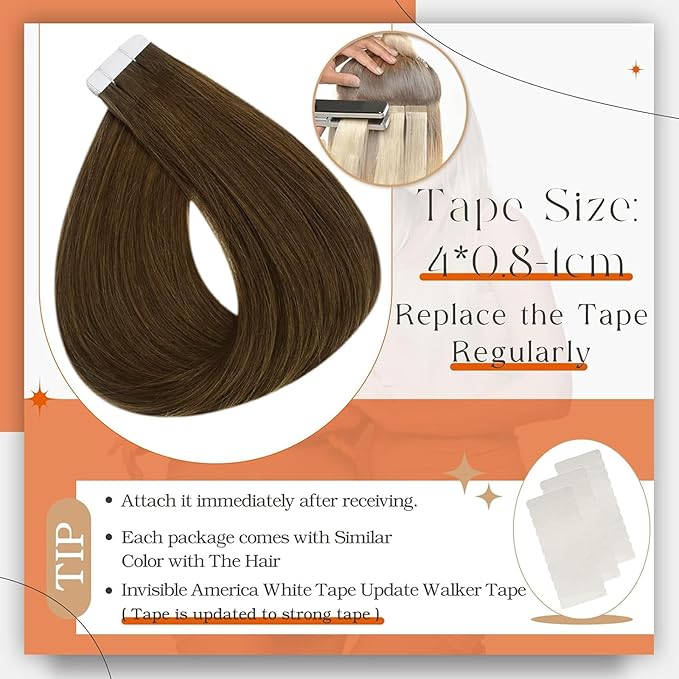 Full Shine Tape in Hair Extensions Human Hair Color 4 Medium Brown Tape in Extensions 18Inch Seamless Skin Weft Invisible Long Straight Extension 100G 40Pcs Soft Silky for Women