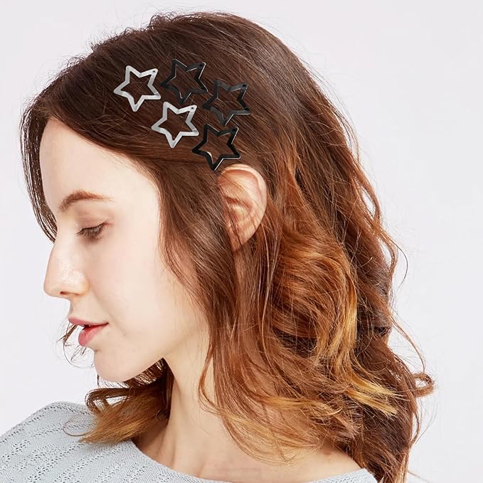 Star Hair Clips 2000s Y2K Snap Hair Barrettes Non Slip Star Hair Accessories Black Silver Metal Hair Clips for Girls Women -30 PCS 1.18"