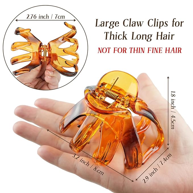 MAORULU Big Claw Hair Clips for Women and Girls, Strong Hold, 6 Packs (Black, Clear, Tortoise)