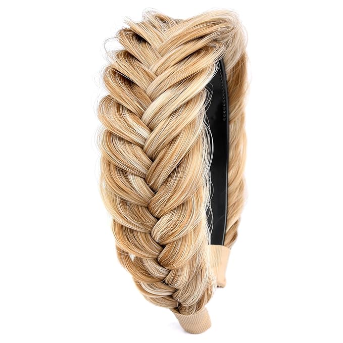 DIGUAN Wide Messy Braided Headband With Teeth Synthetic Hair Plaited Headband High Elasticity Braids Chunky Fishtail Braided Hair Band Hairpiece for Girls Women Beauty Accessory (Golden Blonde)