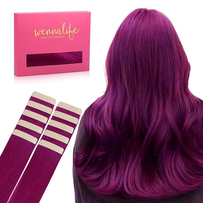WENNALIFE Tape in Hair Extensions Human Hair Violet Tape in Extensions, 10pcs 30g 20 inch Remy Invisible Tape Ins Straight Colored Soft Real Human Hair Tape in Extensions Refill Set Extensions