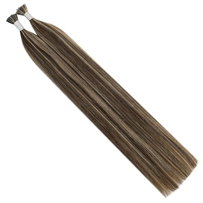 YoungSee I Tip Hair Extensions Highlight I Tips Hair Extensions Real Human Hair Dark Brown Highlights Blonde Tip Hair Extension for Women 16 Inch 50g 80s