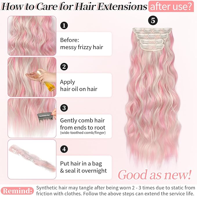 KooKaStyle Clip in Hair Extensions 4PCS Long Wavy Natural & Soft Hairpieces for Women 24 Inch for Women(Blonde with Pink Highlight)