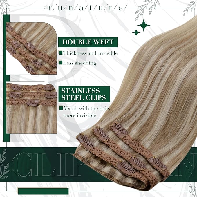 RUNATURE Human Hair Clip in Extensions, Remy Clip in Hair Extensions, Real Natural Human Hair for Short Hair Soft Straight 10 Inch 50g 3pcs #8P60 Light Brown Highlight Platinum Blonde