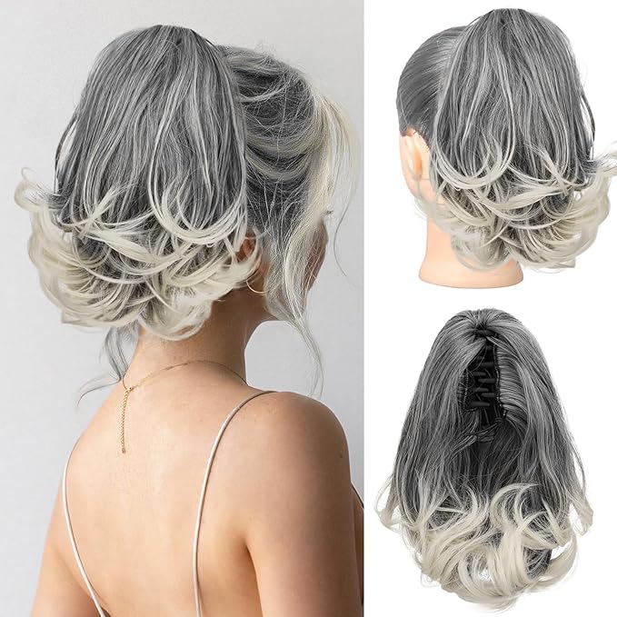 KooKaStyle Ponytail Extension, 10" Short Claw Clip in Pony Tails Hair Extensions Curly Wavy Synthetic Drawstring Hairpieces for Women(Gray and White Tips)