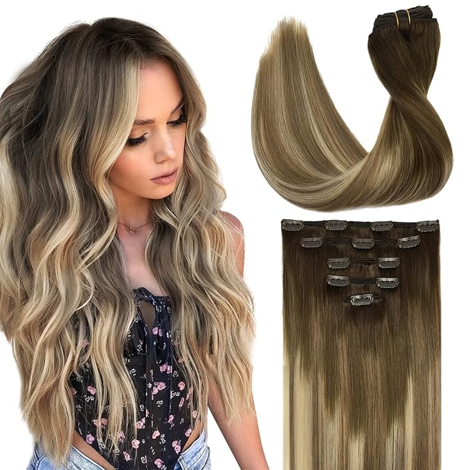 DOORES Human Hair Extensions Clip in, 80g 5pcs 18 Inch Balayage Walnut Brown to Ash Brown and Bleach Blonde, Remy Clip in Hair Extensions Straight Natural Hair Weft