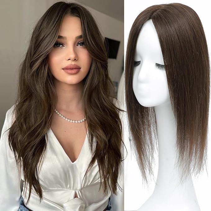 Hair Toppers for Women Real Human Hair, 360° 3D Human with Thinning Upgrade Middle Part Clip in Bangs Topper Hair Pieces for Women Daily(Medium Brown, 18 Inch-3D-Side)