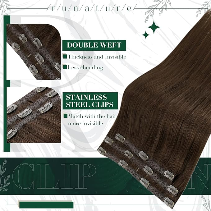 RUNATURE Clip in Hair Extensions Real Human Hair, Brown Hair Extensions Clip Ins, Double Weft Human Hair Clip in Extensions, Remy Natural Hair, Tangle Free, 16 Inch 50g 3pcs #4 Medium Brown