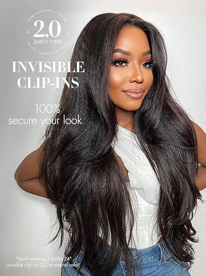 LUVME Invisible Clip in Hair Extensions, Kinky Straight Real Human Hair 20 Inch 2 Pack 220g 14pcs Clip ins Hair Extensions Natural Black for Women
