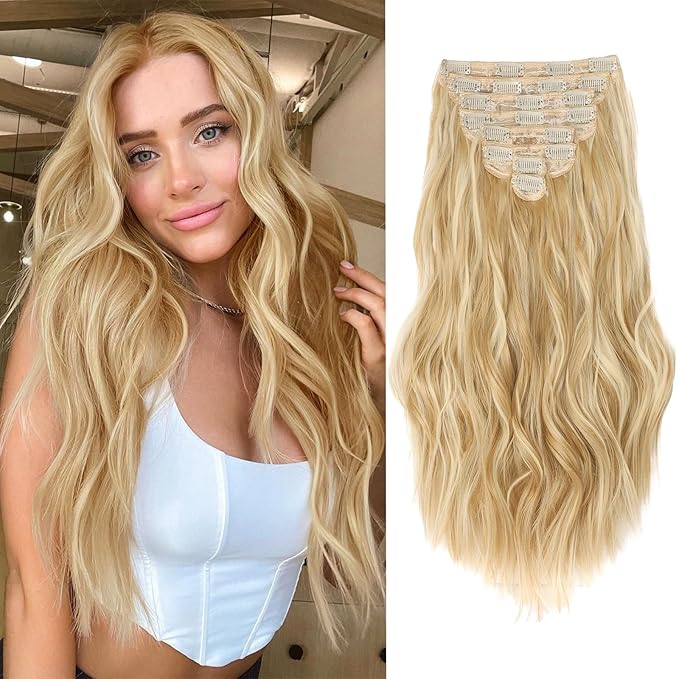 Hair Extensions for Women, 8PCS 20Inch Honey Blonde Mix Beach blonde Clip in Hair Extensions, Synthetic Long Wavy Curly Clip Ins, Full Head Thick Hairpieces for Women