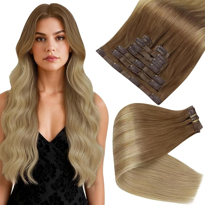 Full Shine Human Hair Clip in Extensions 12 Inch Hair Extensions Clip in Light Brown to Blonde Invisible Hair Extensions Human Hair for Short Softness 80 Grams 8 PCS
