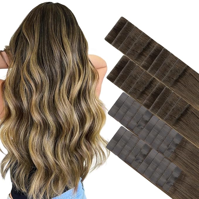 GOO GOO Invisi Edge Tape in Hair Extensions Human Hair, 4/27/4 Balayage Chocolate Brown to Caramel Blonde 20pcs injected with 20pcs classical tape ins, 20inch 100g, Virgin Remy Hair, Natural Look