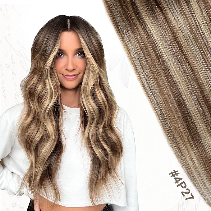 XDhair Human Hair Clip in Extensions 100g 16Inch Medium Brown Mix Caramel Blonde Remy Clip in Hair Extensions Double Weft Straight for Women (#4/27,16Inch)