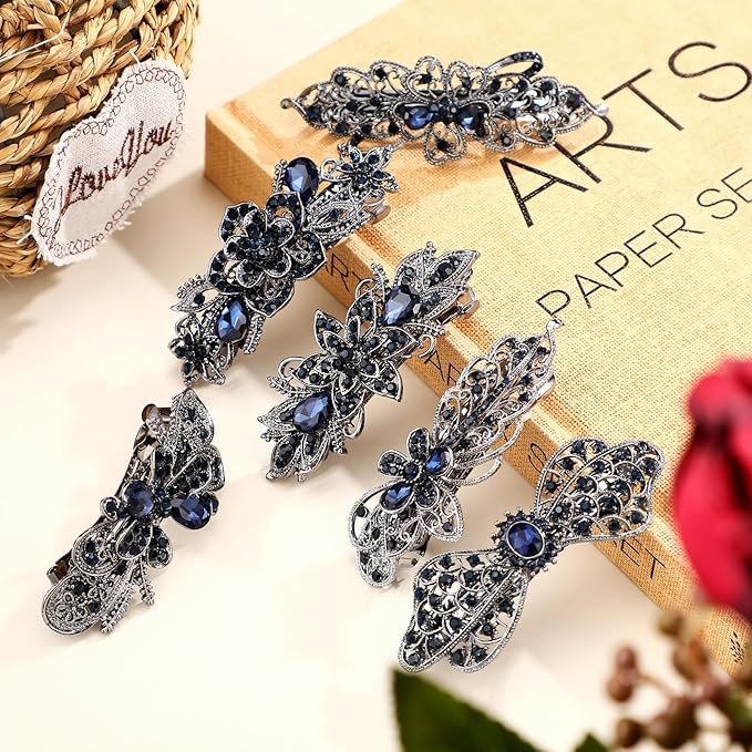 Geyoga 6 Pieces Vintage Hair Barrettes for Women Retro Flower French Pearl Crystal Rhinestones Clips Hair Pins for Women Styling Accessories(Deep Style)