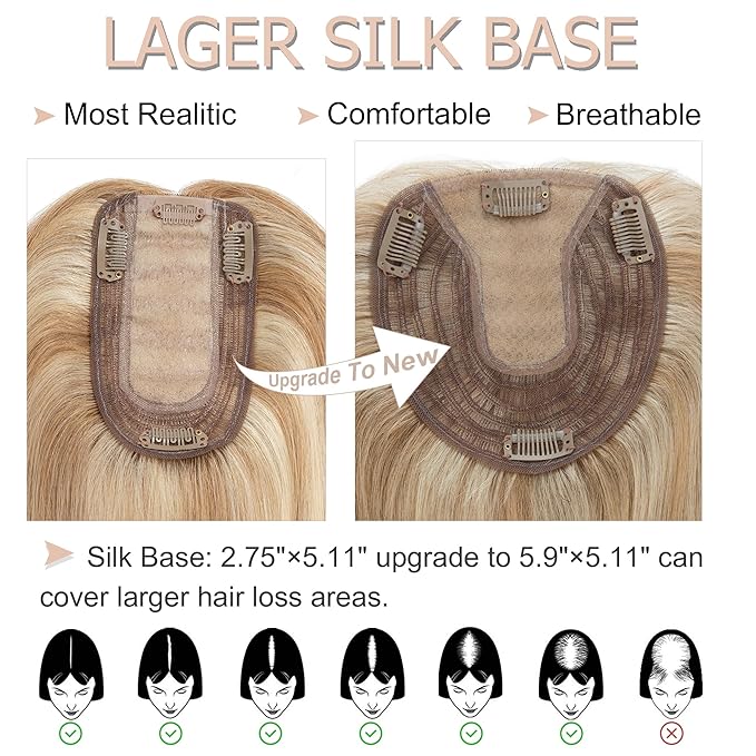 Hair Toppers for Women Real Human Hair No Bangs, 13 * 15 cm Larger Silk Base 150% Density Clip In Topper Hairpieces, Wiglet Top Pieces Add Volume -10 Inch 12P613 Golden Brown&Bleach Blonde